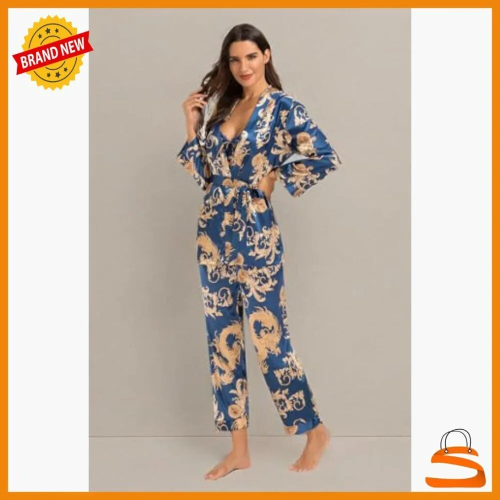 Silk Satin Pajama Set 3 Piece with Robe Long Sleeve Sleepwear Medium